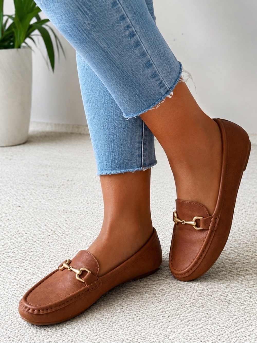 AEROSOLES Brown Leather Bit Loafers with Gold Hardware